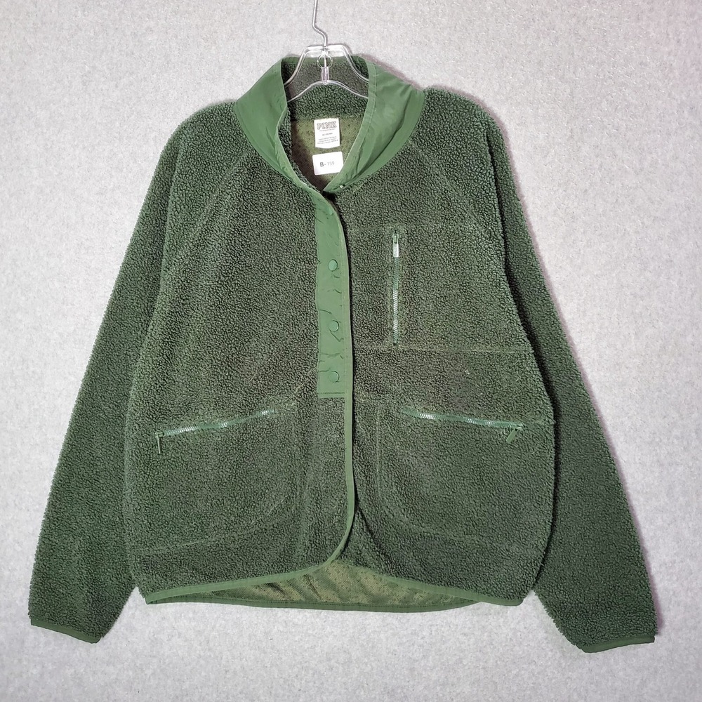 PINK Victoria's Secret Women Jacket Medium Green Sherpa Oversized Snap Pockets